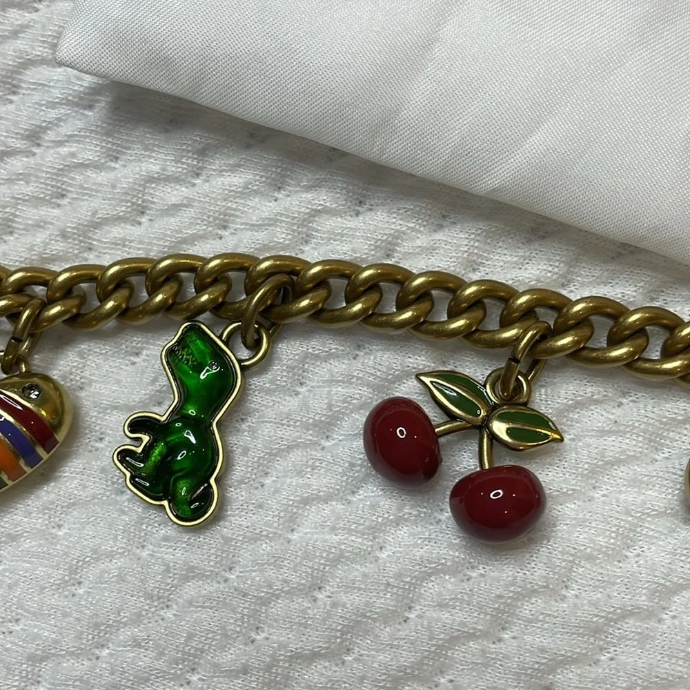 NWT Coach Motif Chain Bag Charm Rexy Tea Rose Cherries Heart Brass Mult…